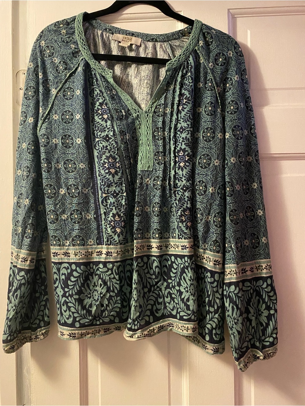 Vintage America Style Teal blue green  Printed boho Peasant Blouse